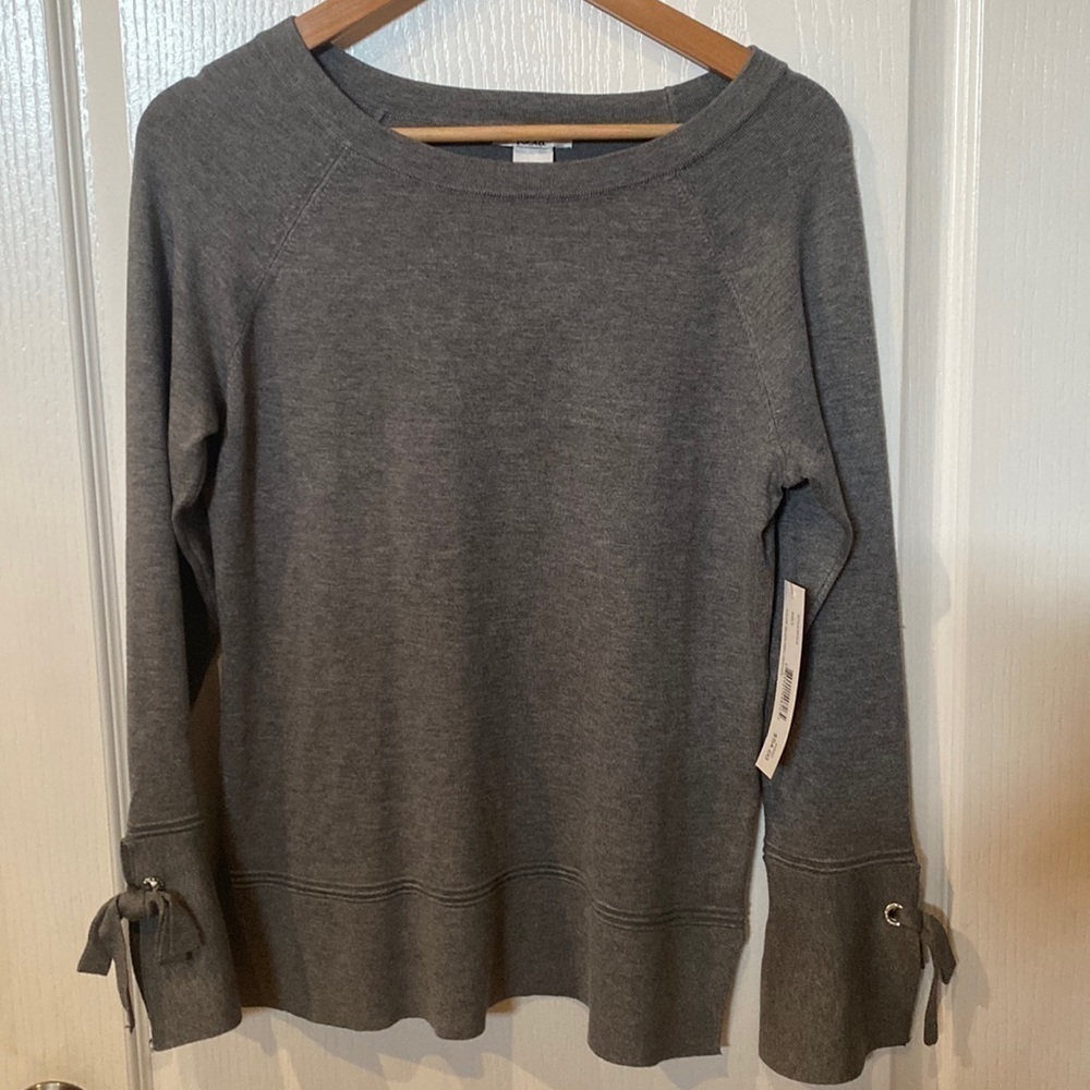 Women’s Sz S dressy gray lightweight sweatshirt with jeweled tie bell sleeves